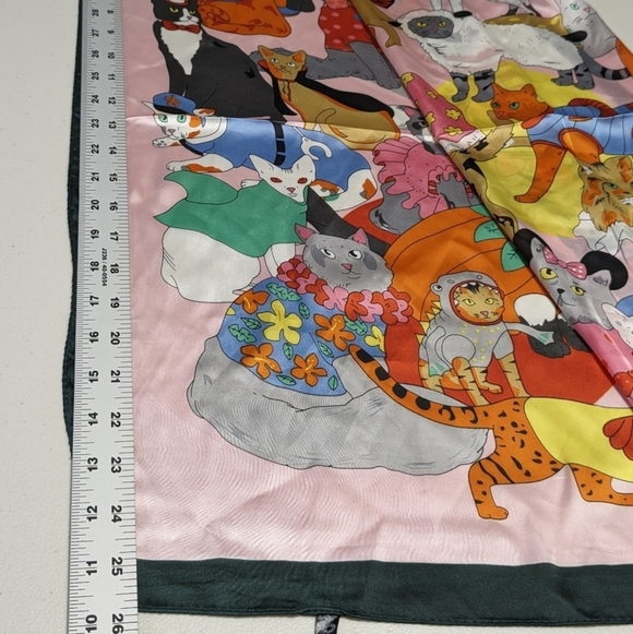 Pink and green whimsical silly cats in costumes silky polyester scarf - Picture 8 of 10